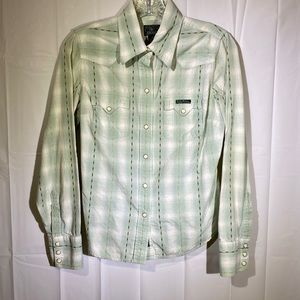 Soft Green & Gold Plaid Pearl Snap Shirt